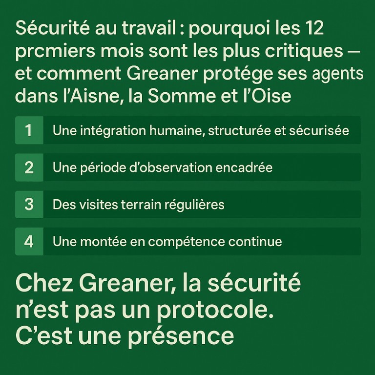 Sécurité au travail : pourquoi les 12 premiers mois sont les plus critiques — et comment Greaner protège ses agents dans l’Aisne, la Somme et l’Oise